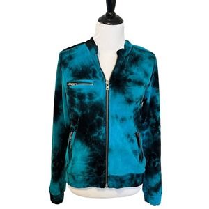 CHASER Tie Dyed Moto Track Jacket •Women L• Velour Velvet Full Zip Blue Black